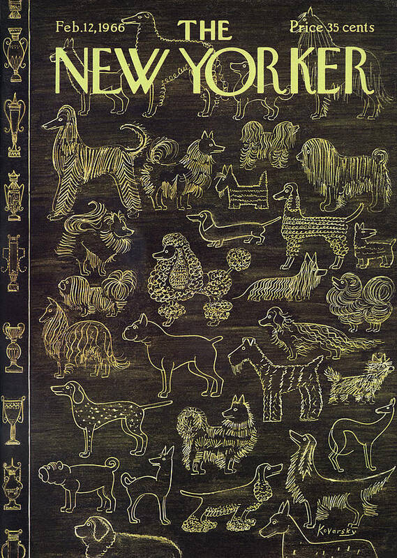 (different Varieties Of Dogs With Different Trophies Lined Up Along The Side.) Animals Contests Dog Shows Anatole Kovarsky Anatol Kovarsky Ako Artkey 47506 Bullterrier Poster featuring the painting New Yorker February 12th, 1966 by Anatol Kovarsky