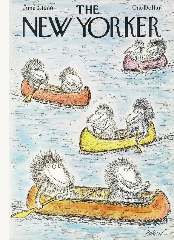 (pairs Of Hairy Monsters Rowing Canoes In The Water.) Relationships Dating Leisure Relaxation Boats Edward Koren Eko Artkey 47542 Poster featuring the painting New Yorker June 2nd, 1980 by Edward Koren