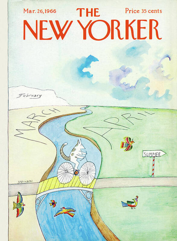 Saul Steinberg 49891 Steinbergattny (a Cat Bicycles Over A Bridge Which Crosses From March Into April.) Animals Animal Summer Birds Sport Sports Road Seasons Winter Spring Cat Bicycle Bike Cycling Riding Cats Feline Bird Birds   Bodinthurs  Artkey Poster featuring the painting New Yorker March 26th, 1966 by Saul Steinberg