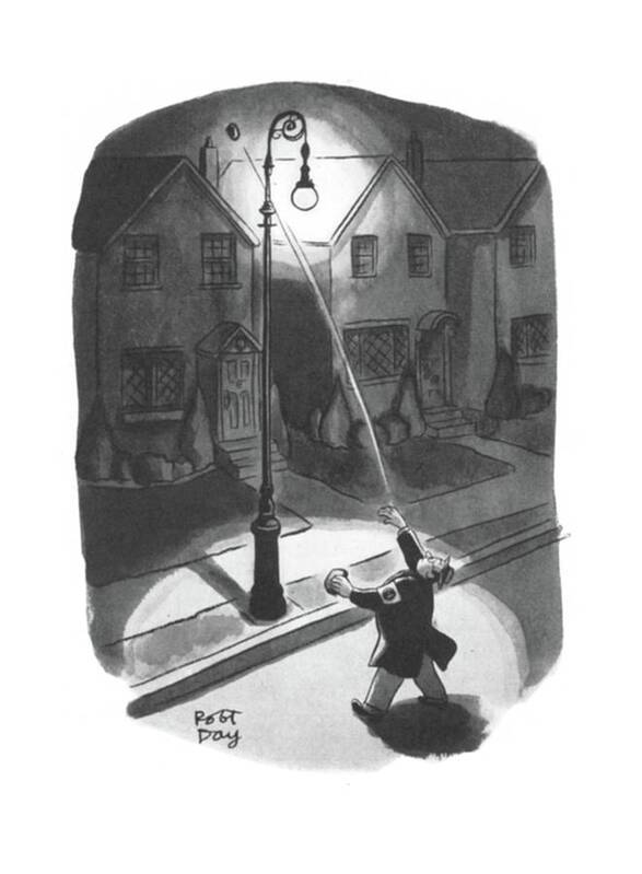 111822 Rda Robert J. Day Air-raid Warden Throwing Rock At Street Light. Air Air-raid Airplane Airplanes Attack Attacks Bomb Bomber Bombing Bombs Defending Defense Effort Front Home Lamp Light Lights National Plane Planes Protect Protecting Rock Safe Safety Secure Secured Security Street Target Throwing Two War Warden World Wwii Poster featuring the drawing New Yorker March 28th, 1942 by Robert J. Day