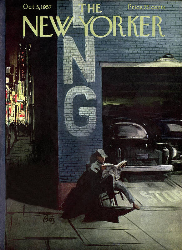 Autos Leisure Relaxation Urban Doormen Cars Arthur Getz Artkey 46178 Poster featuring the painting New Yorker October 5th, 1957 by Arthur Getz