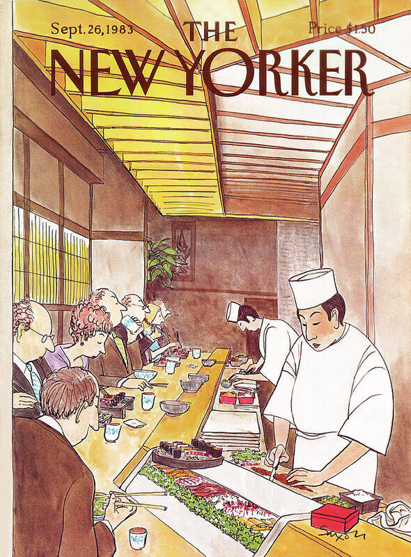(japanese Chefs Prepare Dinners At Sushi Bar For Seated Customers.) Dining High Class Foreign Japan Sashimi Restaurants Charles Saxon Csa Artkey 46217 Poster featuring the painting New Yorker September 26th, 1983 by Charles Saxon