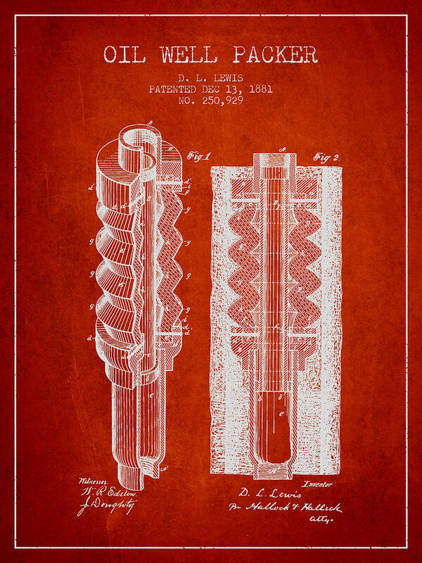 Oil Well Poster featuring the digital art Oil Well Packer patent from 1881 - Red by Aged Pixel