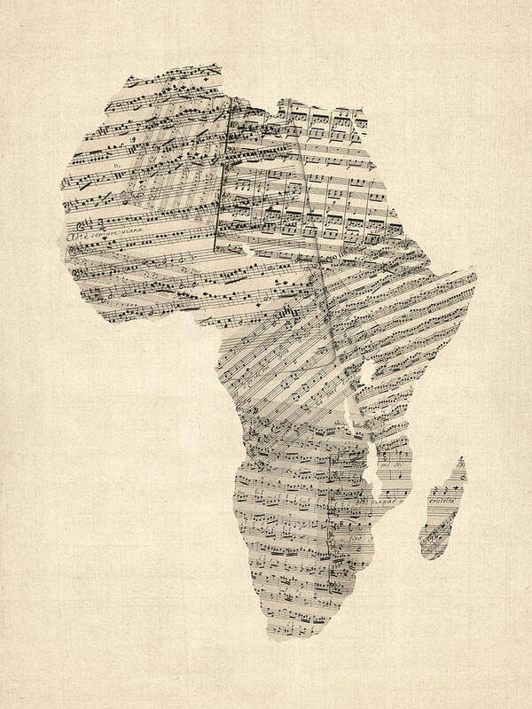 Africa Map Poster featuring the digital art Old Sheet Music Map of Africa Map by Michael Tompsett