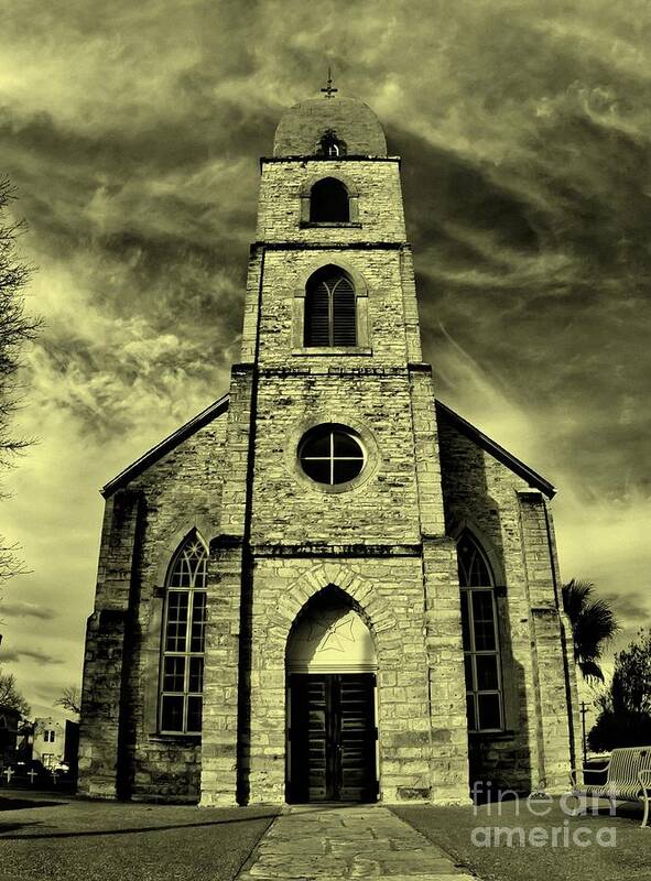 Michael Tidwell Photography Poster featuring the photograph Old St. Mary's Church in Fredericksburg Texas in Sepia by Michael Tidwell