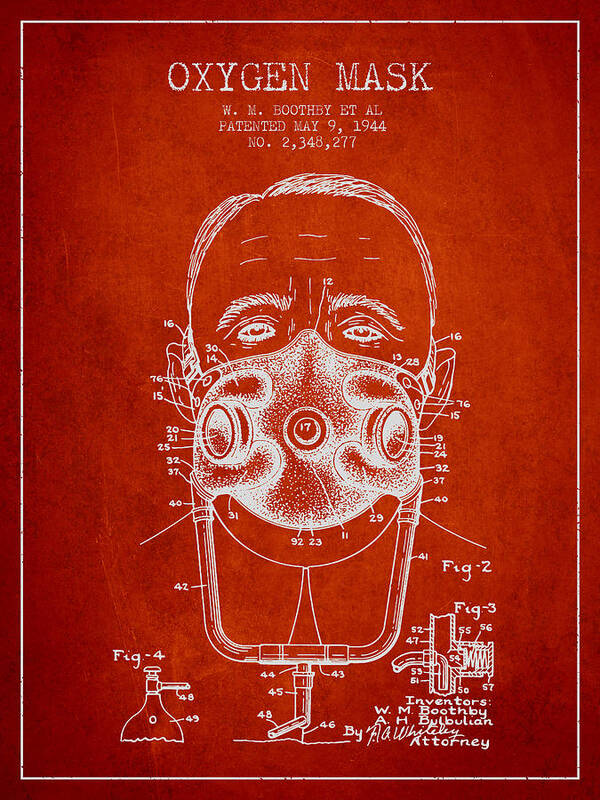 Oxygen Mask Poster featuring the digital art Oxygen Mask Patent from 1944 - Two - Red by Aged Pixel