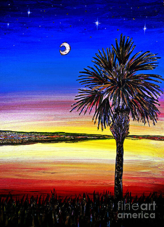 Palmetto Tree Poster featuring the painting Palmetto Sunset Moon and Stars by Pat Davidson