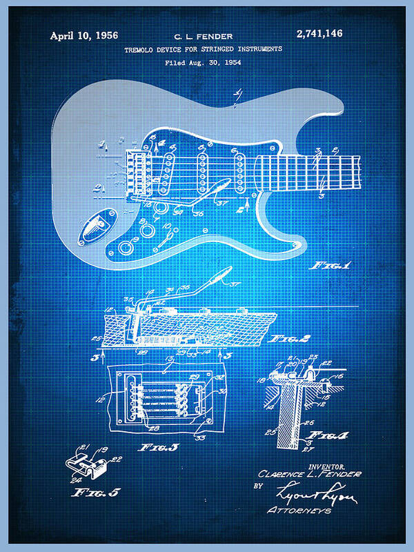 Guitar Poster featuring the mixed media Fender Guitar Patent Blueprint Drawing by Tony Rubino