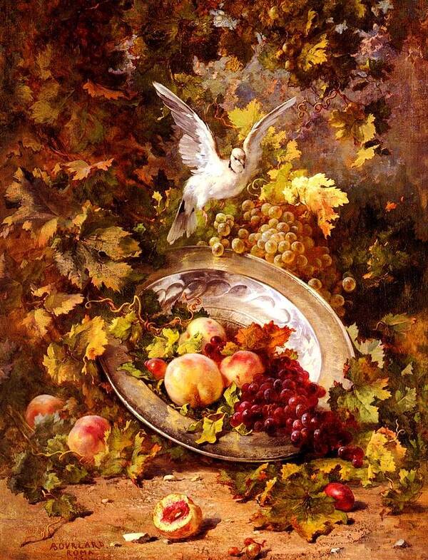 Still Life Poster featuring the painting Peaches and Grapes With A Dove - Bourland - 1875 by Pam Neilands