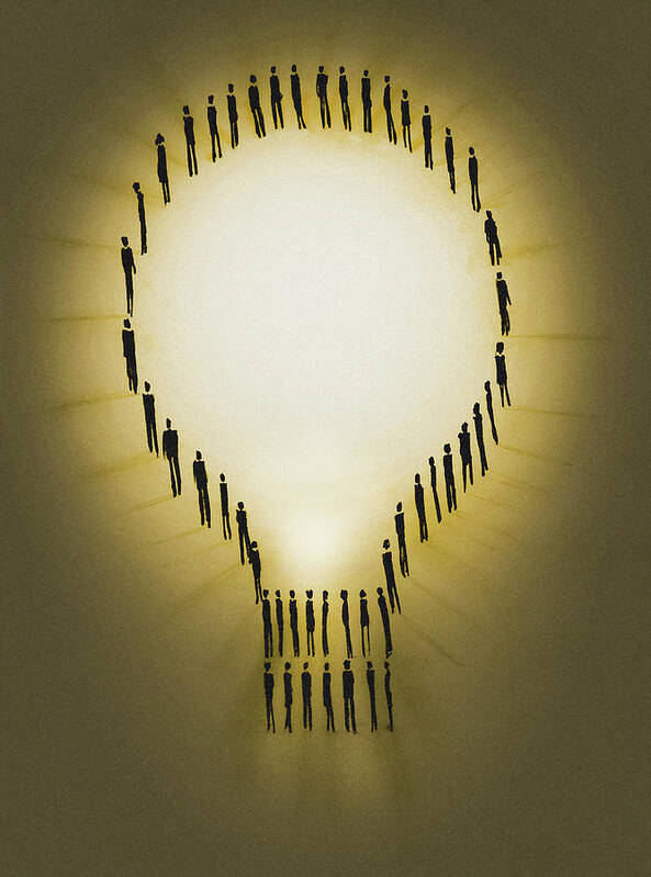 Adult Poster featuring the photograph People Outlining Illuminated Light Bulb by Ikon Ikon Images