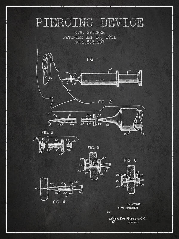 Piercing Poster featuring the digital art Piercing Device Patent From 1951 - charcoal by Aged Pixel