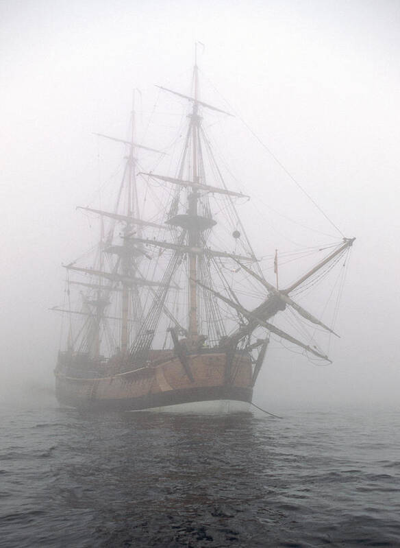 Tall Ship Poster featuring the photograph Pirate ship in the fog by Cliff Wassmann