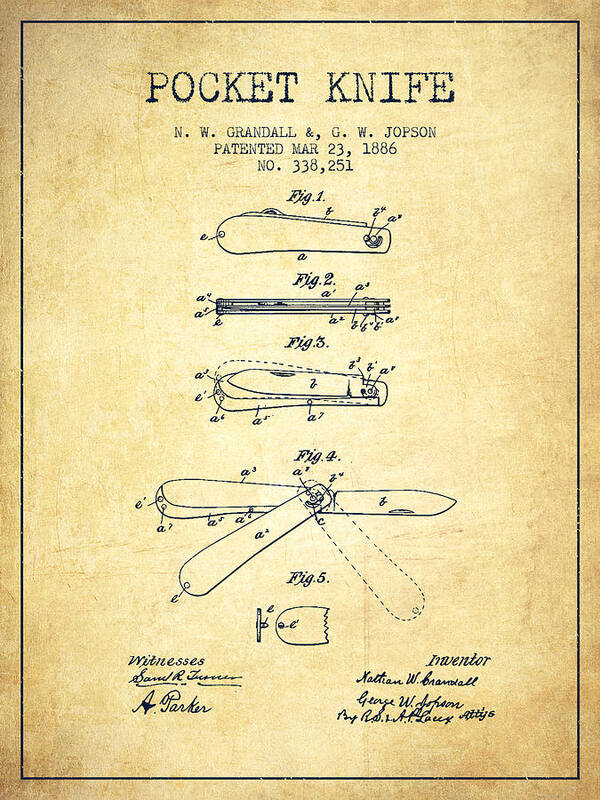 Pocket Knife Poster featuring the digital art Pocket Knife Patent Drawing from 1886 - Vintage by Aged Pixel