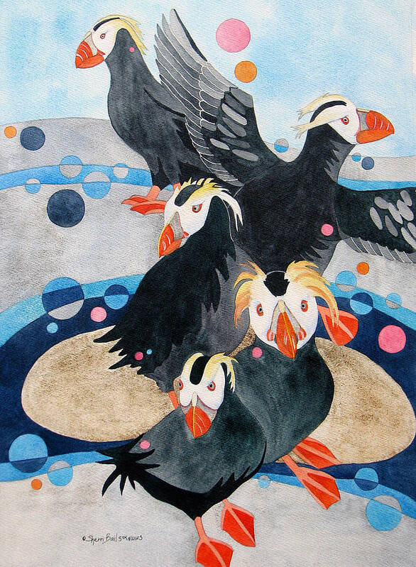 Nature Poster featuring the painting Puffins by Sherri Bails