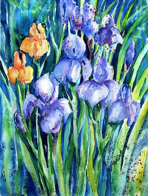 Purple Iris Poster featuring the painting Purple and Yellow Irises in the Garden by Trudi Doyle