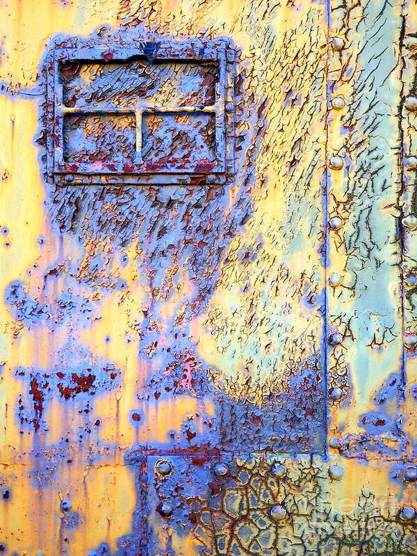 Rust Poster featuring the photograph Rail Rust - Abstract - Crackled Blue Window by Janine Riley