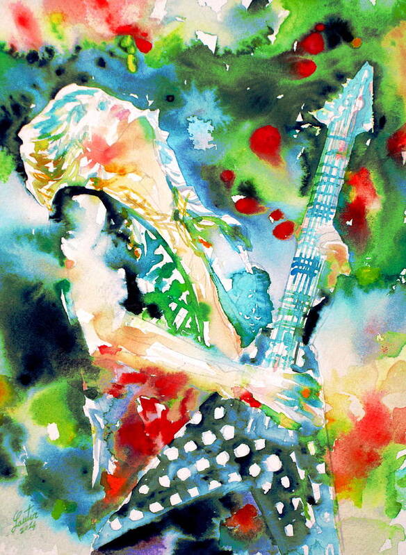 Randy Rhoads Poster featuring the painting RANDY RHOADS playing the GUITAR - watercolor portrait by Fabrizio Cassetta