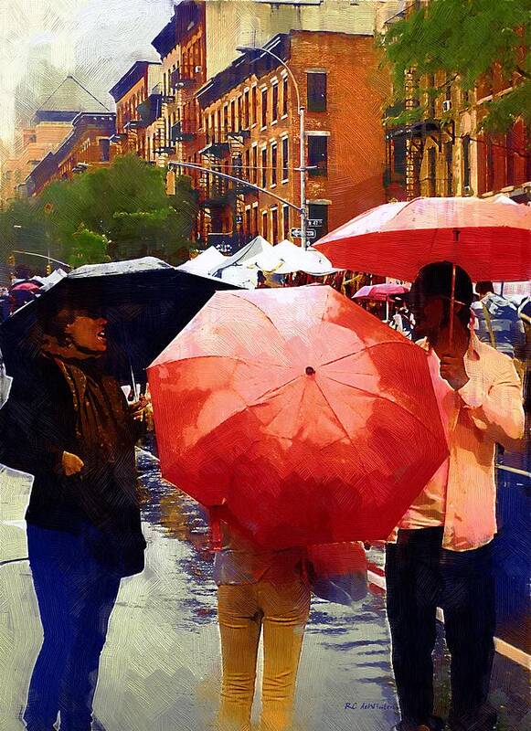 People Poster featuring the painting Red Umbrellas in the Rain by RC DeWinter