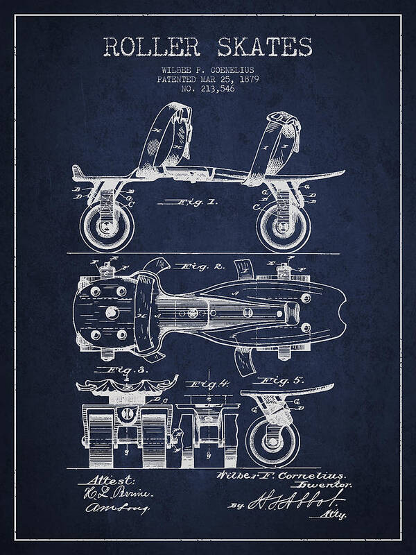 Roller Skates Poster featuring the digital art Roller Skate Patent Drawing from 1879 - Navy Blue by Aged Pixel
