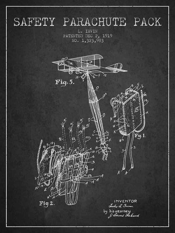 Parachute Poster featuring the digital art Safety parachute patent from 1919 - Charcoal by Aged Pixel