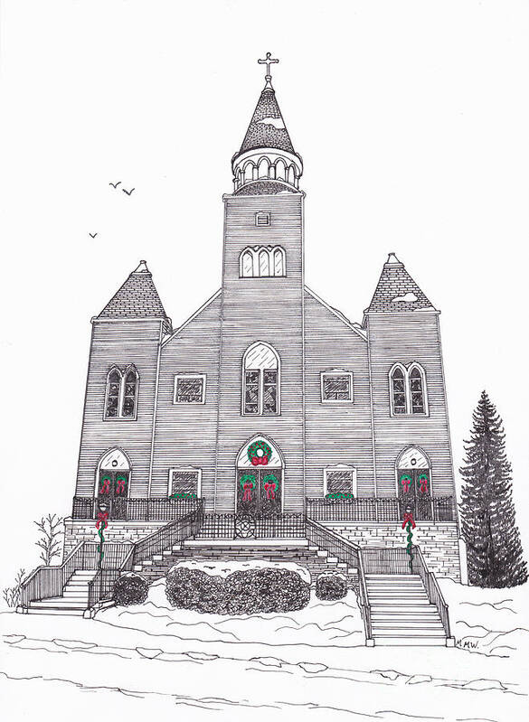 Architectural Drawing Poster featuring the drawing Saint Bridget's Church at Christmas by Michelle Welles
