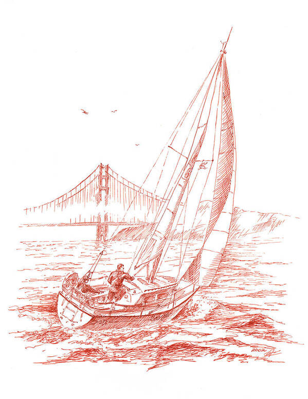 San Francisco Poster featuring the drawing San Francisco Bay Sailing To Golden Gate Bridge by Irina Sztukowski