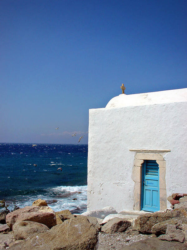 Santorini Poster featuring the photograph Santorini Chapel by the Sea by Julie Palencia