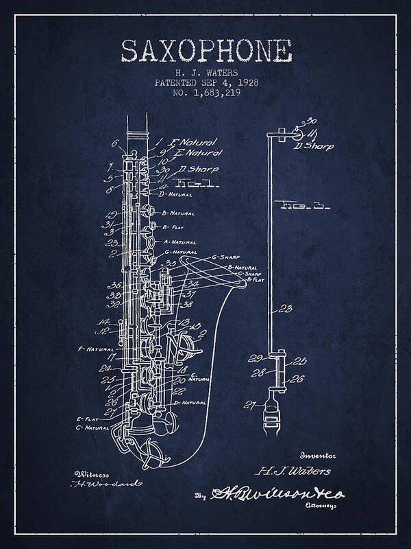 Saxophone Poster featuring the digital art Saxophone Patent Drawing From 1928 by Aged Pixel