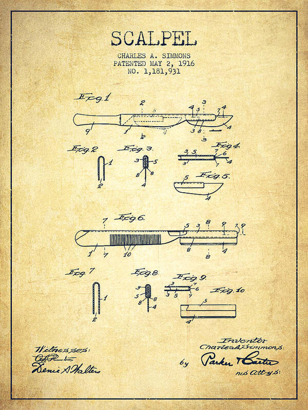 Medical Device Poster featuring the digital art Scalpel patent from 1916 - Vintage by Aged Pixel