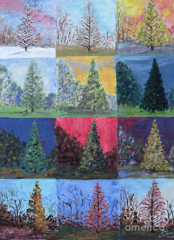 Trees With Different Backgrounds Poster featuring the painting Seasons of a Dawn Redwood - SOLD by Judith Espinoza