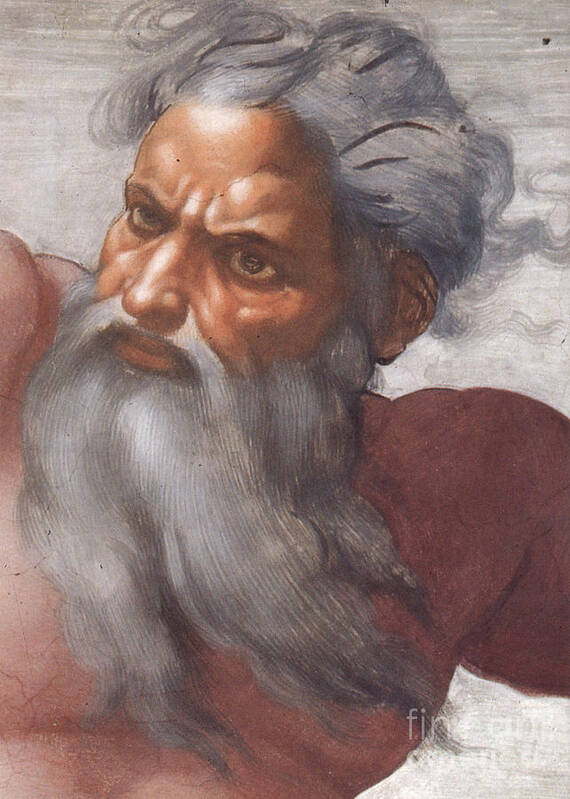 Renaissance; High; Old Testament; Genesis; God The Father; Skies; Sky; Father; Creator; Beard; Bearded; Close-up; Grey; Old; Angry; Male; Sistine Poster featuring the painting Sistine Chapel ceiling Creation of the Sun and Moon by Michelangelo Buonarroti by Michelangelo Buonarroti