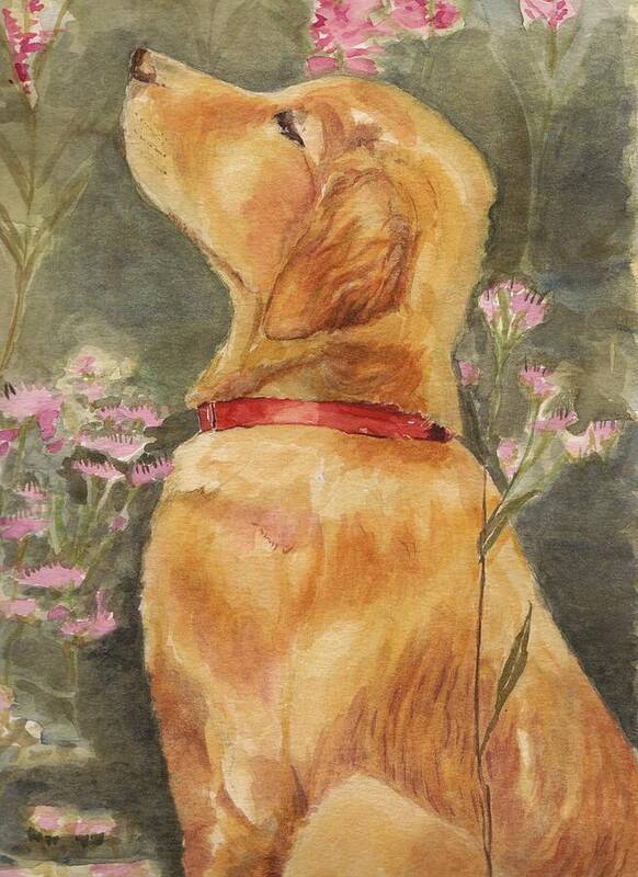 Labrador Poster featuring the painting Smell the Roses - Golden Retriever by Debra Hall