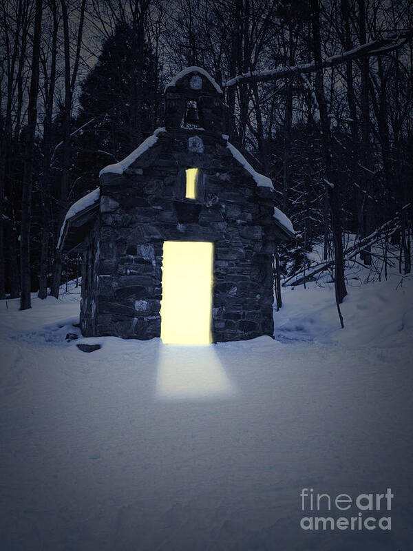 Oasis Poster featuring the photograph Snowy chapel at night by Edward Fielding