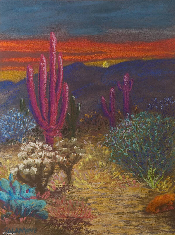 Saguaro Cactus Tucson Arizona Desert Catalina Mountains Landscape Sonora Nature Poster featuring the pastel Sonoran Sentinels by Brenda Salamone