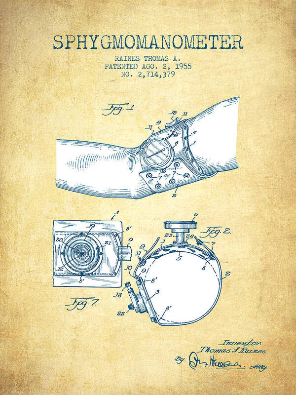 Medical Instrument Poster featuring the digital art Sphygmomanometer patent drawing from 1955 - Vintage Paper by Aged Pixel