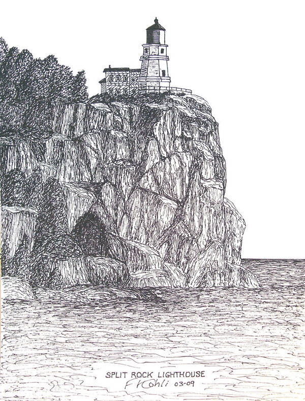 Split Rock Lighthouse Drawing Poster featuring the drawing Split Rock Light by Frederic Kohli