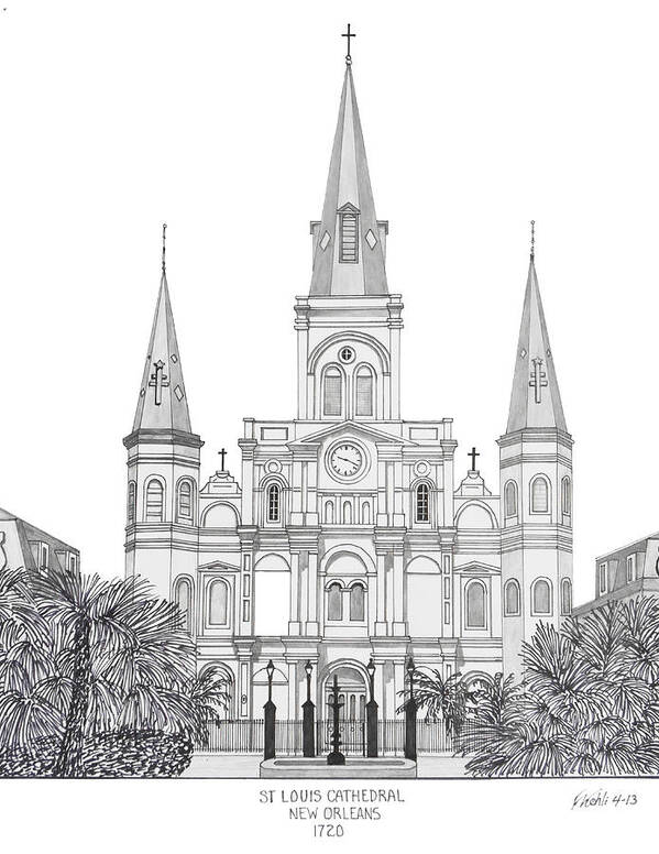 St Louis Cathedral Drawing Poster featuring the mixed media St Louis Cathedral by Frederic Kohli