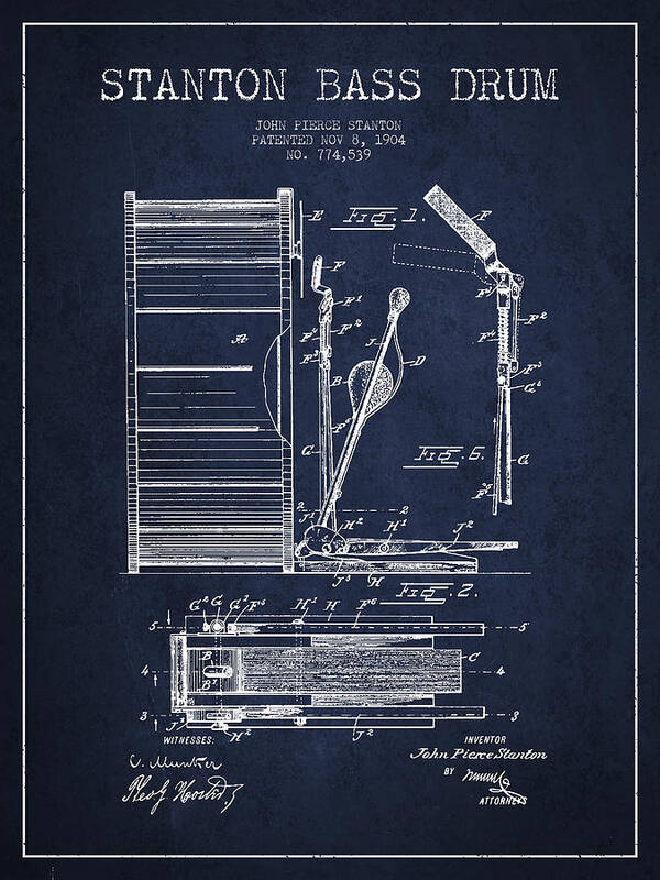 Drum Poster featuring the digital art Stanton Bass Drum Patent Drawing from 1904 - Navy Blue by Aged Pixel