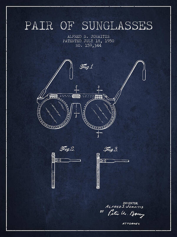 Sunglasses Poster featuring the digital art Sunglasses patent from 1950 - Navy Blue by Aged Pixel