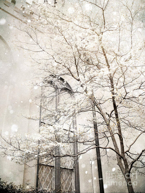 Trees Poster featuring the photograph Surreal Dreamy Ethereal Fantasy Fairytale Winter White Church Trees by Kathy Fornal