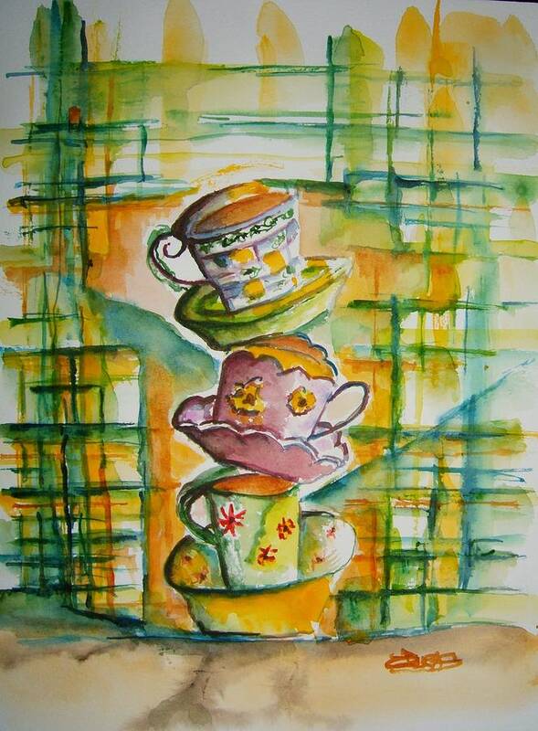 Tea Poster featuring the painting Teacup Tower by Elaine Duras