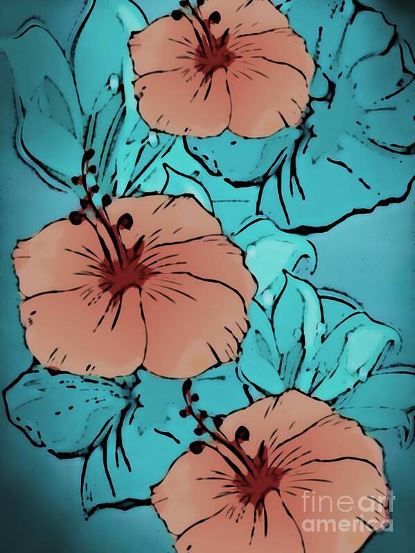 Digital Art Floral Poster featuring the digital art Teal and Brown Floral by Gayle Price Thomas