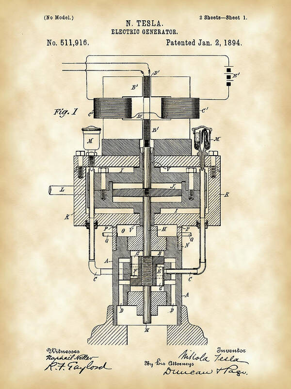 Tesla Poster featuring the digital art Tesla Electric Generator Patent 1894 - Vintage by Stephen Younts