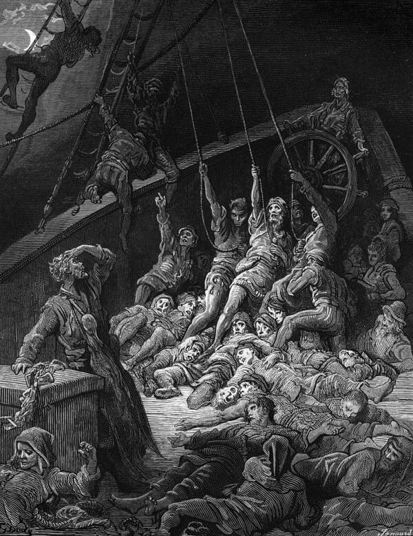 Sailor; Vessel; Ship; Sea; Miracle; Miraculous; Albatross; Scene From 'the Rime Of The Ancient Mariner' By S T; Coleridge; 1772-1834; 1876; Engraving; Dore Poster featuring the drawing The dead sailors rise up and start to work the ropes of the ship so that it begins to move by Gustave Dore