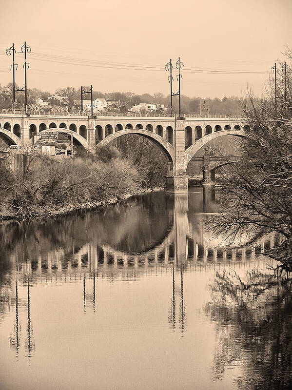  Schuylkill Poster featuring the photograph The Schuylkill River and manayunk Bridge in Sepia by Bill Cannon