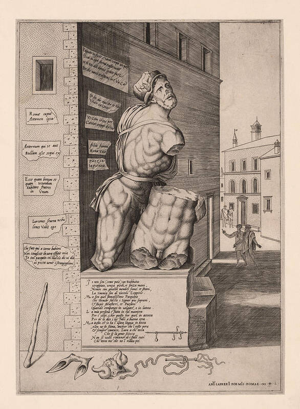 Communication Poster featuring the drawing The Statue Pasquino, Standing On A Pedestal In The Piazza by Antonio Lafreri