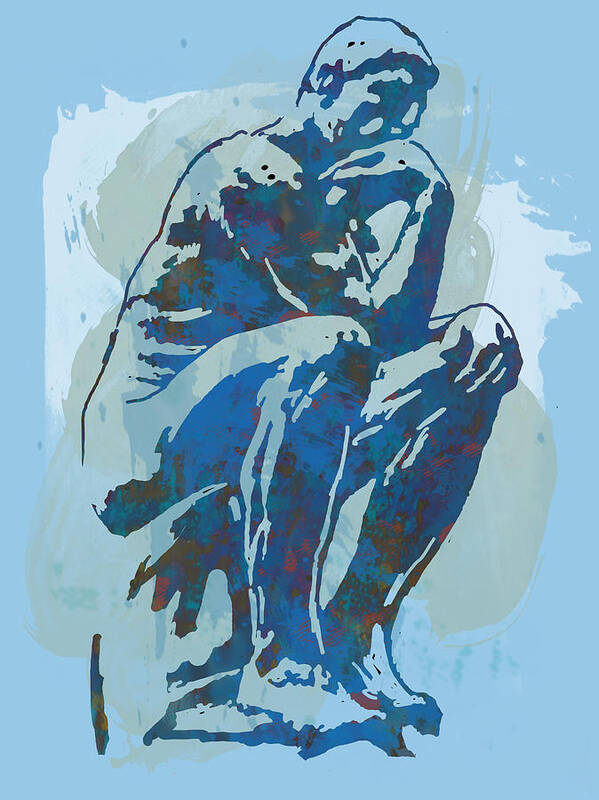 The Thinker Is A Bronze Sculpture By Auguste Rodin Poster featuring the drawing The Thinker - Rodin stylized pop art poster by Kim Wang