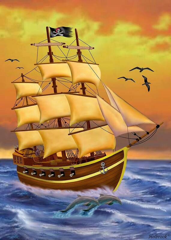 Pirate Ship Poster featuring the digital art The Treasure Hunter by Glenn Holbrook