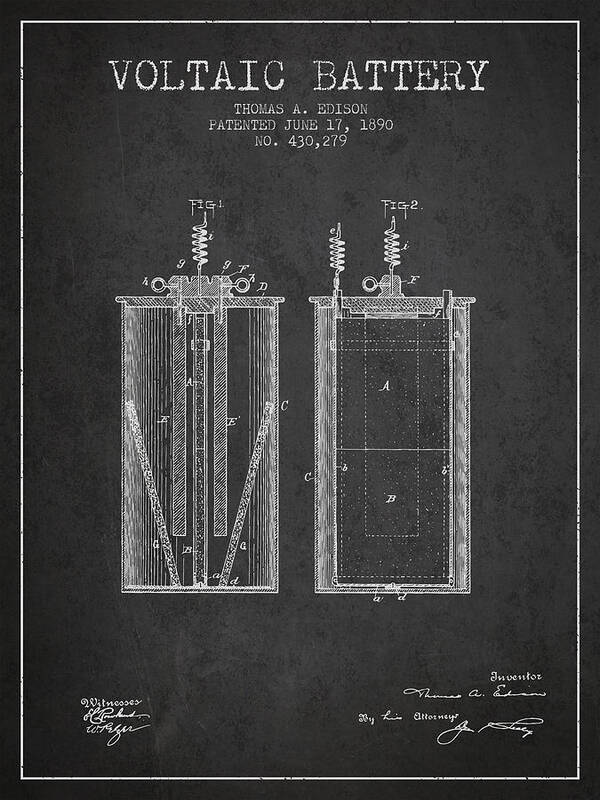 Thomas Edison Poster featuring the digital art Thomas Edison Voltaic Battery Patent from 1890 - Charcoal by Aged Pixel