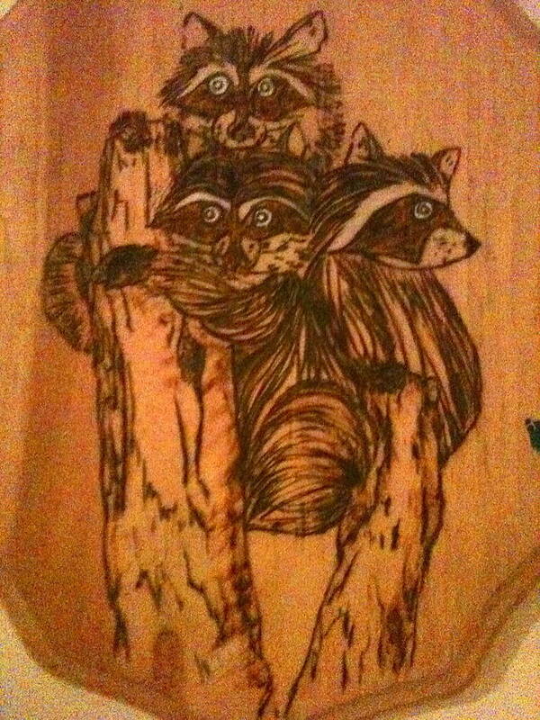 Raccoon Poster featuring the pyrography Three Little Rascals by Denise Tomasura